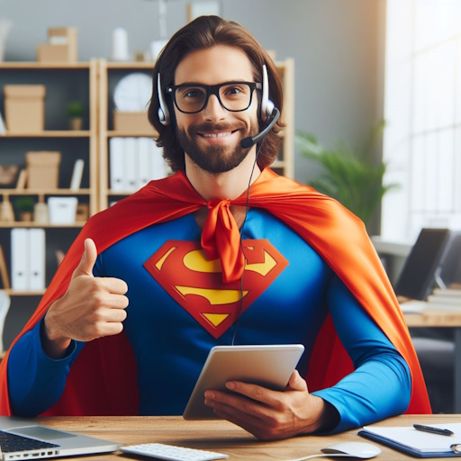 image as customer service agent dressed as superman